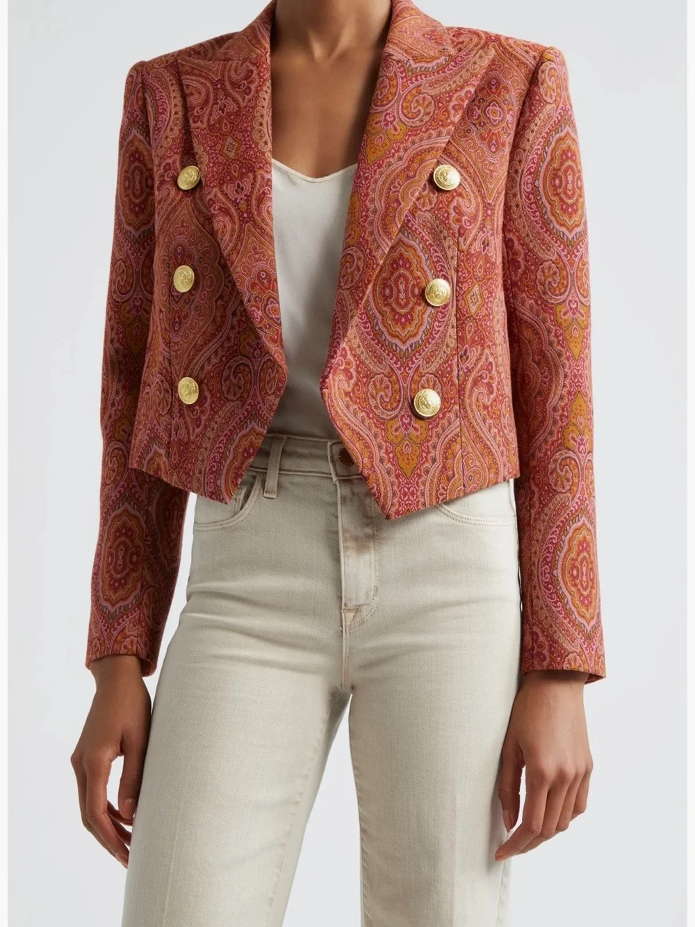 L'AGENCE Coral Paisley Double-Breasted Cropped Blazer